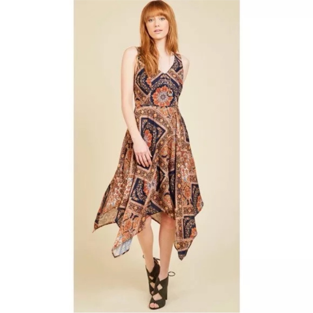 Modcloth Evening in Athens Asymmetrical Orange Brown Sundress V-Neck